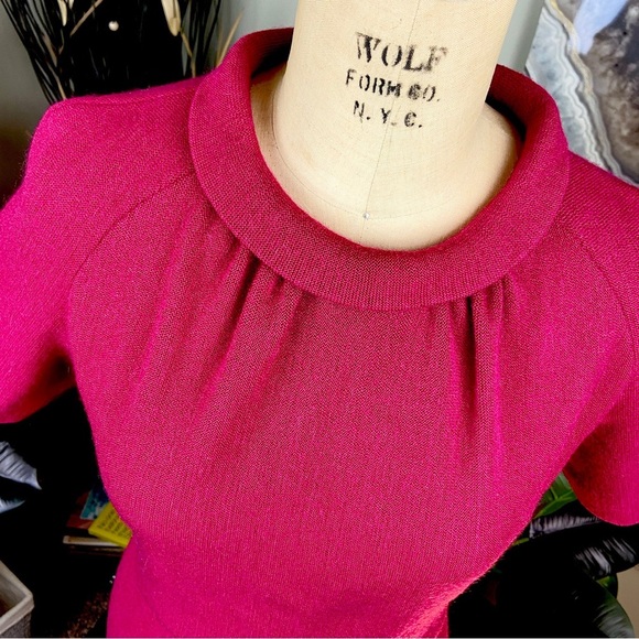 VINTAGE Raspberry Pink Virgin Wool Mohair 60s Jackie O Midi Dress Mad Men Medium - Picture 2 of 10